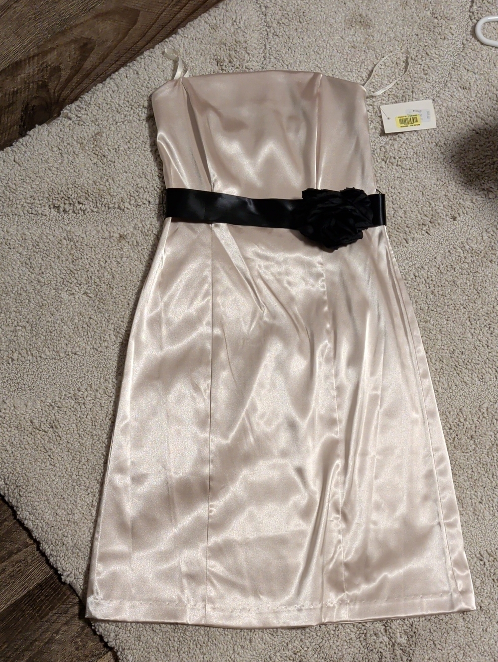 Wishes Wishes Wishes Champagne Satin Dress with Black Waist Sash